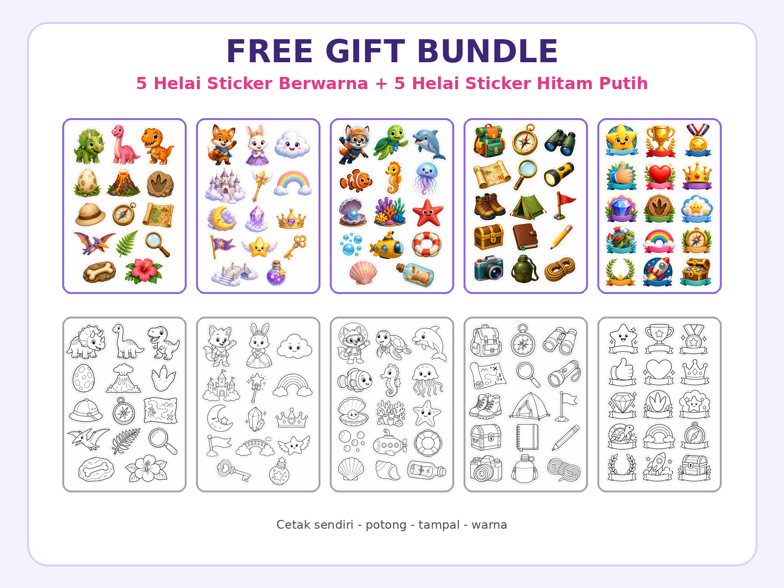 Preview 10 helai Printable Sticker WonderMisi, 5 berwarna dan 5 hitam putih